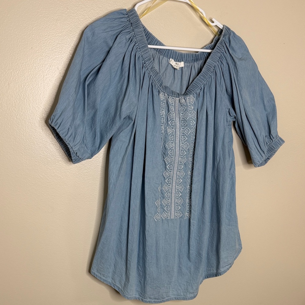 BLL New York Blue Boho Embroidered Blouse 1X 100% Lyocell Peasant Top - Picture 4 of 13